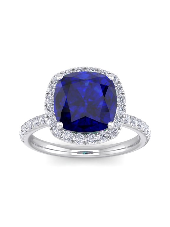 5 1/2 Carat Cushion Cut Created Sapphire and Halo Diamond Ring In Sterling Silver For Women