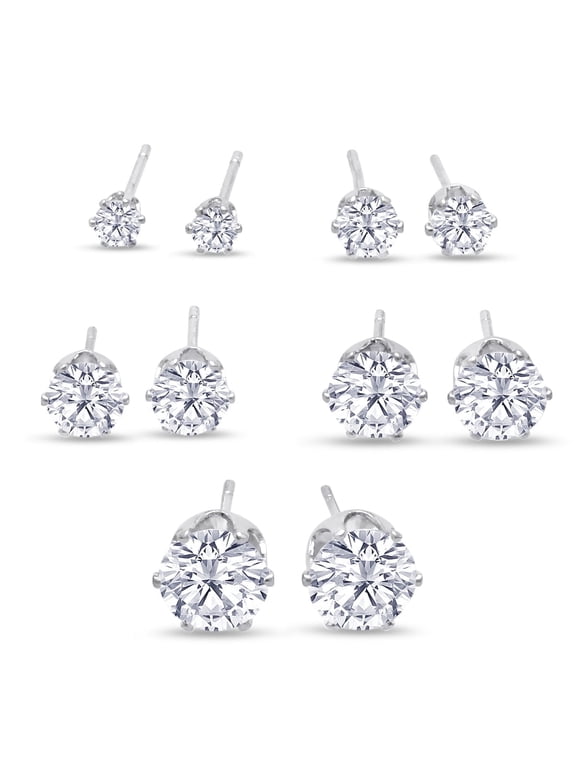 5 Pairs Stud Earrings Set, Hypoallergenic Cubic Zirconia Earrings for Women, Silver Earring Sets 3-7mm, Jewelry Boxed Set of Silver Stud Earrings