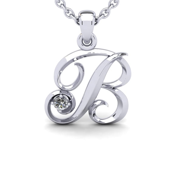 SuperJeweler B Initial Necklace in 14 Karat White Gold, Diamond Accent and Swirly, With Free 18 inch Cable Chain, for Women