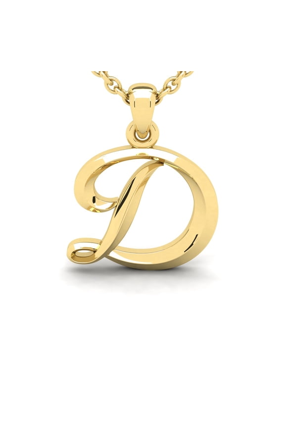 D Initial Necklace In Heavy 14 Karat Yellow Gold With Free 18 Inch Cable Chain, For Women