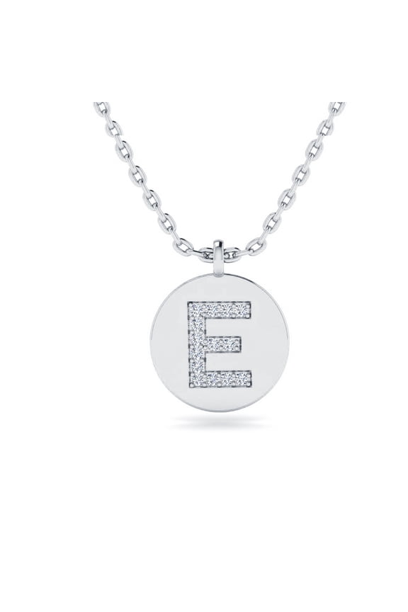 E Initial Necklace, Disc Style, in 14 Karat White Gold With 14 Diamonds, With Free 18 inch Chain, for Women