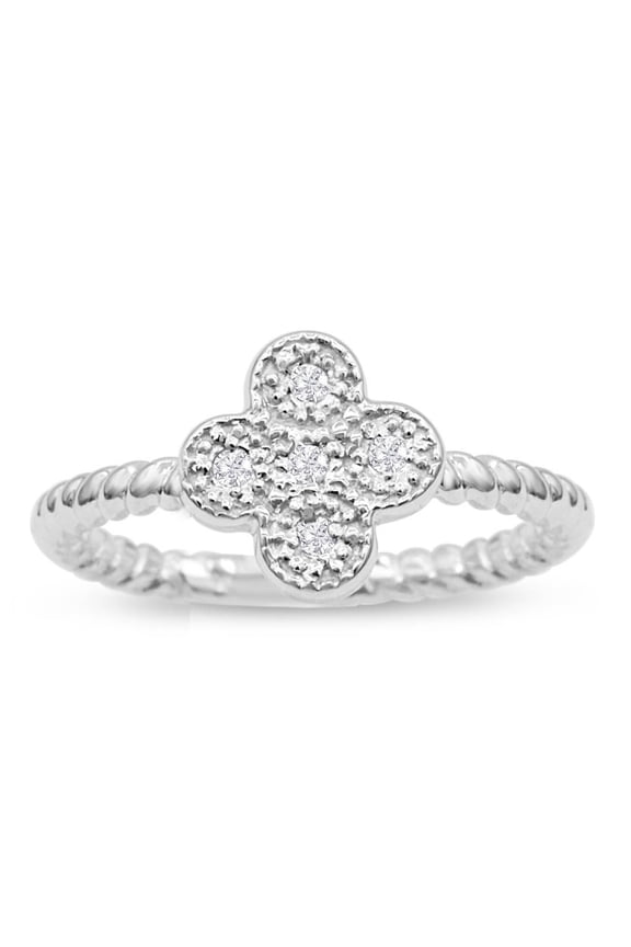 Flower Shaped Diamond Promise Ring With Rope Band In White Gold For Women