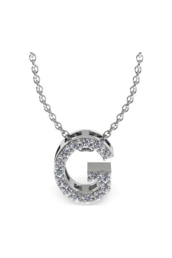 G Initial Necklace In 14 Karat White Gold With 15 Diamonds, With Free 18 Inch Chain, For Women