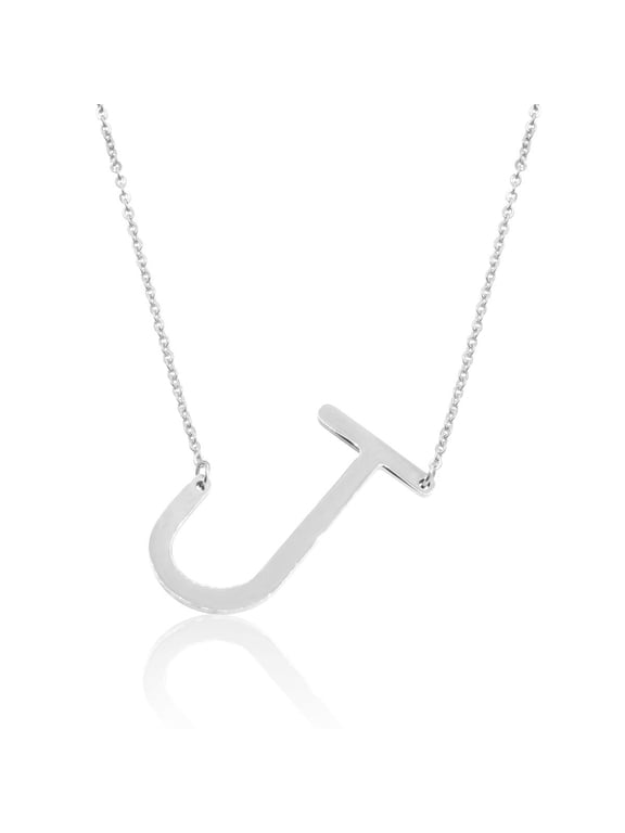J Initial Sideways Necklace for Women, Silver, 18"