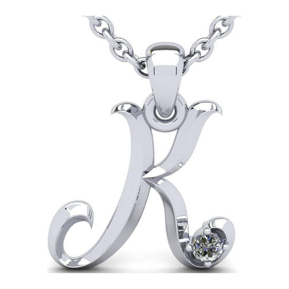 SuperJeweler K Initial Necklace in 14 Karat White Gold, Diamond Accent and Swirly, With Free 18 inch Cable Chain, for Women