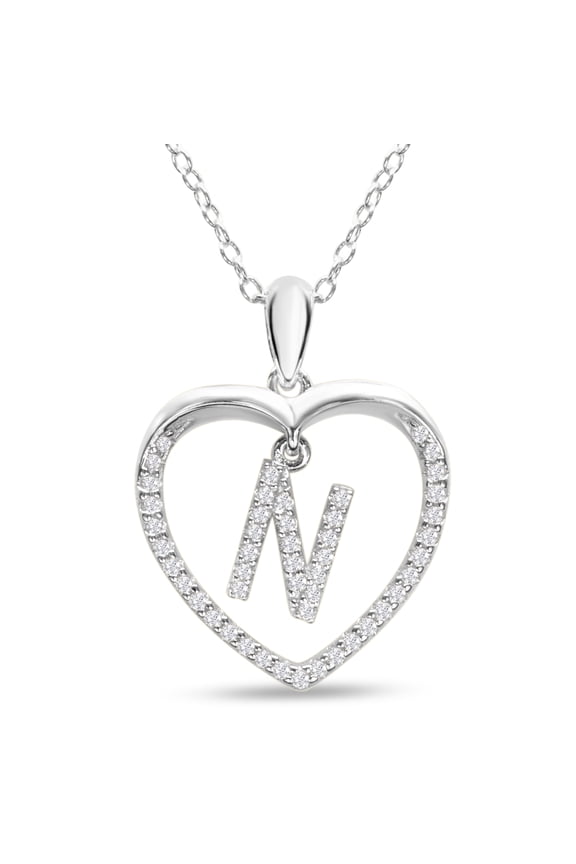 Letter N Initial Necklace In Sterling Silver, 1/5ct Diamond, 16 Inches For Women