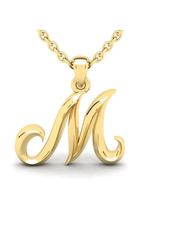 M Initial Necklace In Heavy 14 Karat Yellow Gold With Free 18 Inch Cable Chain, For Women