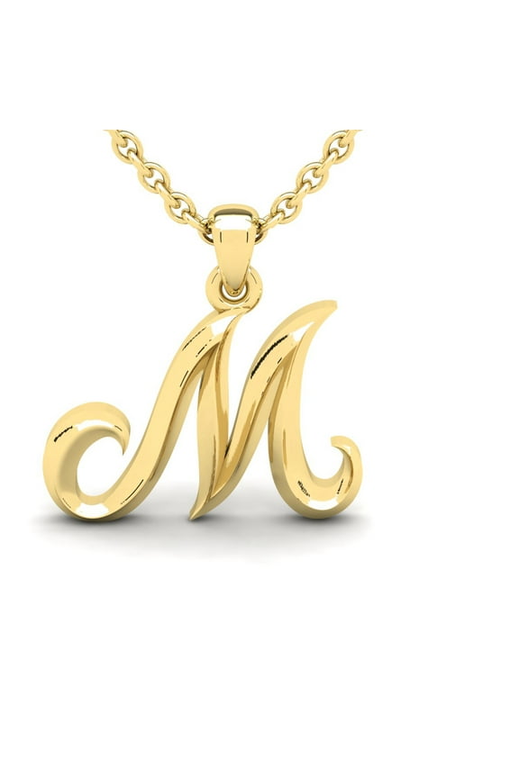 M Initial Necklace In Heavy 14 Karat Yellow Gold With Free 18 Inch Cable Chain, For Women