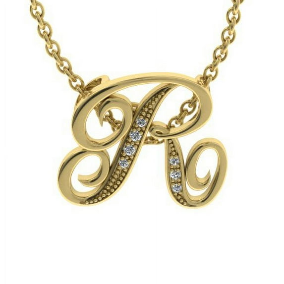 SuperJeweler R Initial Necklace In Yellow Gold With 7 Diamonds, Serif Style, With Free 18 Inch Cable Chain, For Women