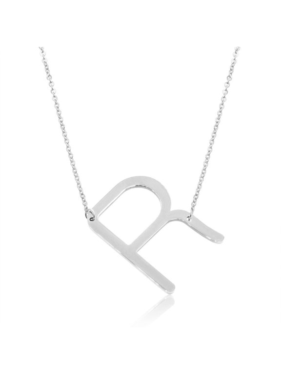 R Initial Sideways Necklace for Women, Silver, 18"
