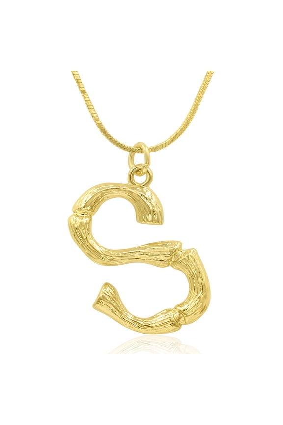 S Initial Necklace In Gold, Bamboo Style, All Letters Available, Free 18 Inch Snake Chain, For Women