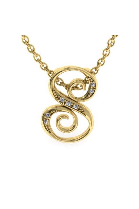 S Initial Necklace In Yellow Gold With 7 Diamonds, Serif Style, With Free 18 Inch Cable Chain, For Women