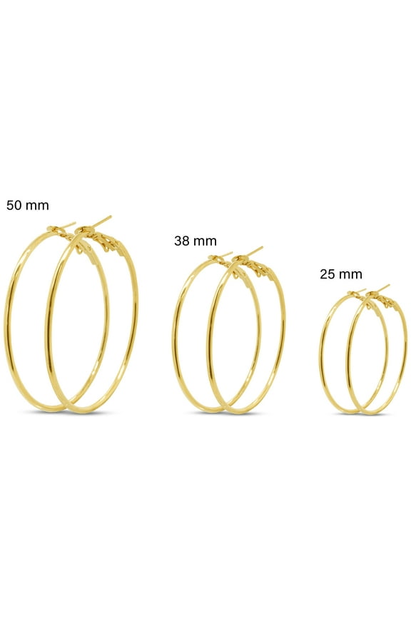 Set of Three Yellow Gold Tone Hoop Earrings - 1, 1 1/2 and 2 inches for Women