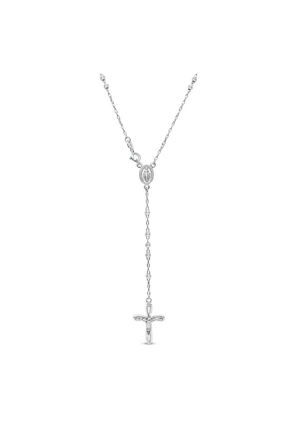 Sterling Silver Rosary Cross Necklace With Y Strand on 3mm Ball Chain, 18 Inches For Women
