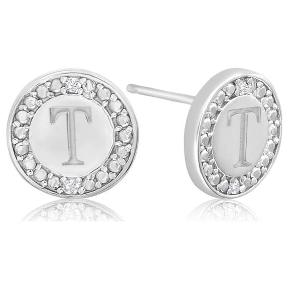 SuperJeweler T Initial Diamond Stud Earrings in Sterling Silver for Women