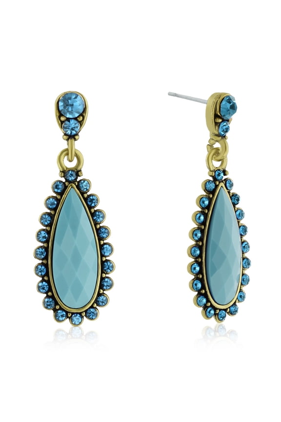 Turquoise Earrings With Crystals In Pear Shape, 2 Inches For Women