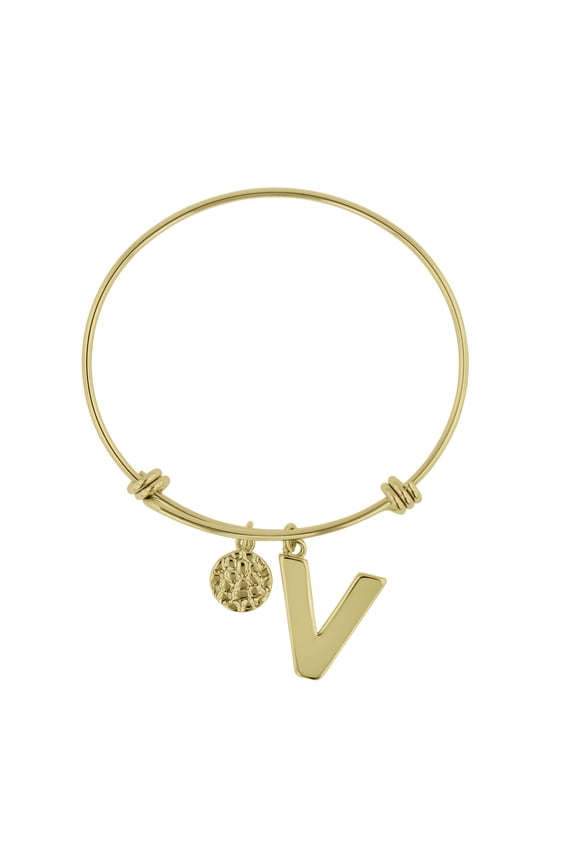 V Initial Expandable Wire Bangle Bracelet In Yellow Gold For Women