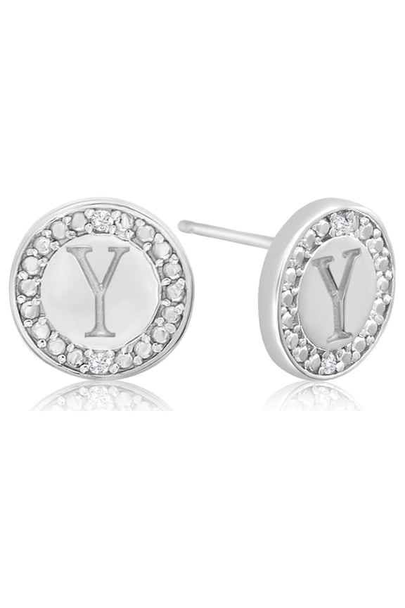 Y Initial Diamond Stud Earrings in Sterling Silver for Women