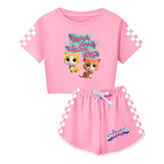 SuperKitties 2-Piece Outfit for Girls – Kids Tee and Drawstring Shorts – Birthday Gift Idea