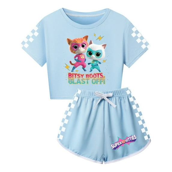 SuperKitties Cartoon Cat Apparel – Girls Summer 2-Piece Clothing Set with Tee and Shorts