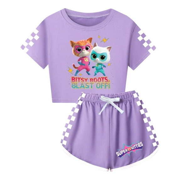 SuperKitties Cartoon Cat Apparel – Girls Summer 2-Piece Clothing Set with Tee and Shorts