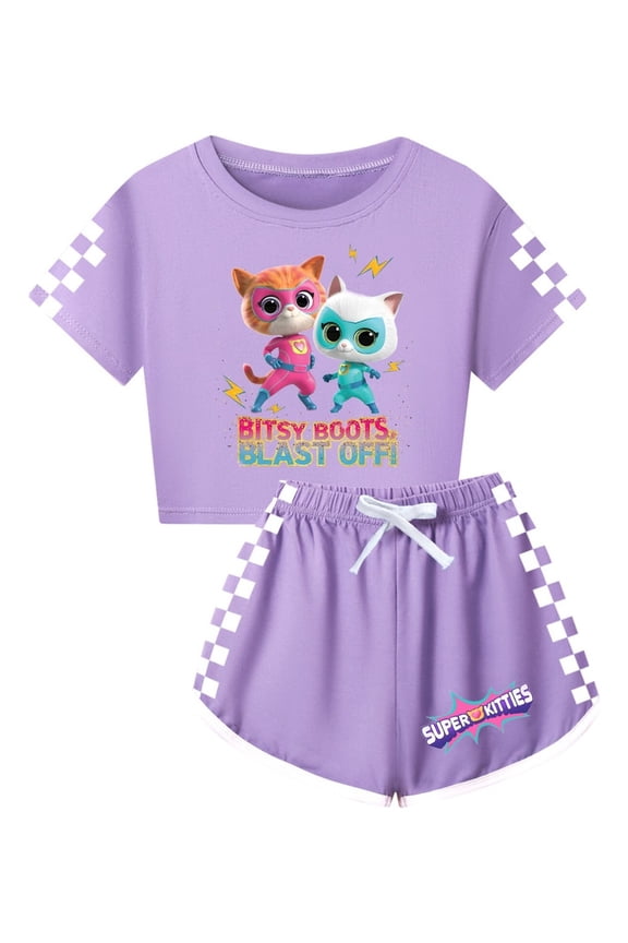 SuperKitties Cartoon Cat Apparel – Girls Summer 2-Piece Clothing Set with Tee and Shorts
