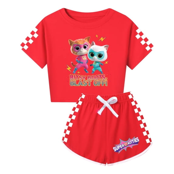 SuperKitties Cartoon Cat Apparel – Girls Summer 2-Piece Clothing Set with Tee and Shorts