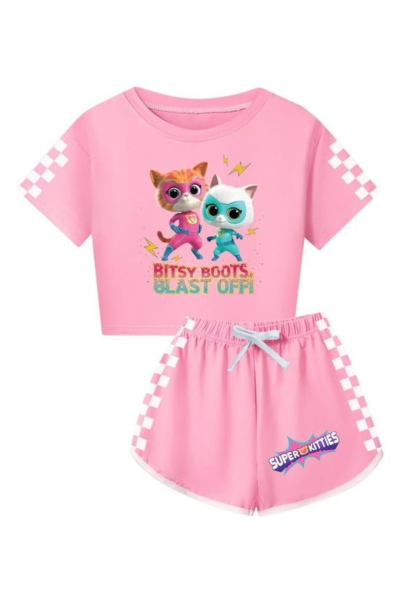 SuperKitties Cartoon Cat Apparel – Girls Summer 2-Piece Clothing Set with Tee and Shorts