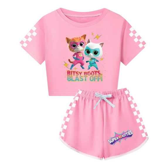 SuperKitties Cartoon Cat Apparel – Girls Summer 2-Piece Clothing Set with Tee and Shorts