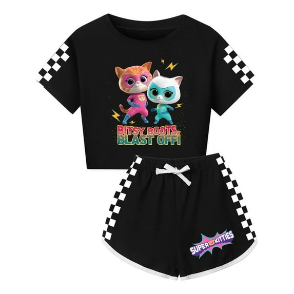SuperKitties Cartoon Cat Apparel – Girls Summer 2-Piece Clothing Set with Tee and Shorts
