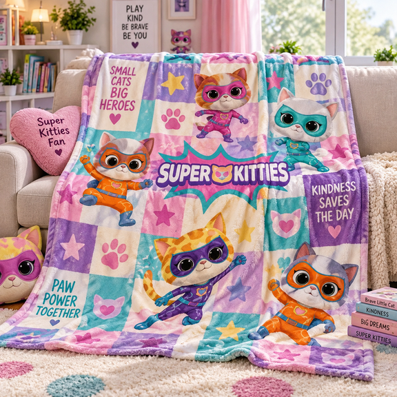 SuperKitties Cartoon Flannel Blanket, Cute Superhero Cat Characters Colorful Graphic Throw