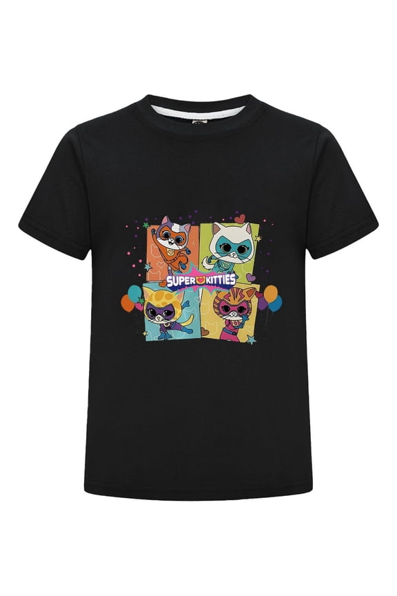 SuperKitties Themed Shirt for Kids – Cartoon Cat Design Tee – Girls Boys Short Sleeve Summer Top – Casual Outfit – Fun Gift Idea