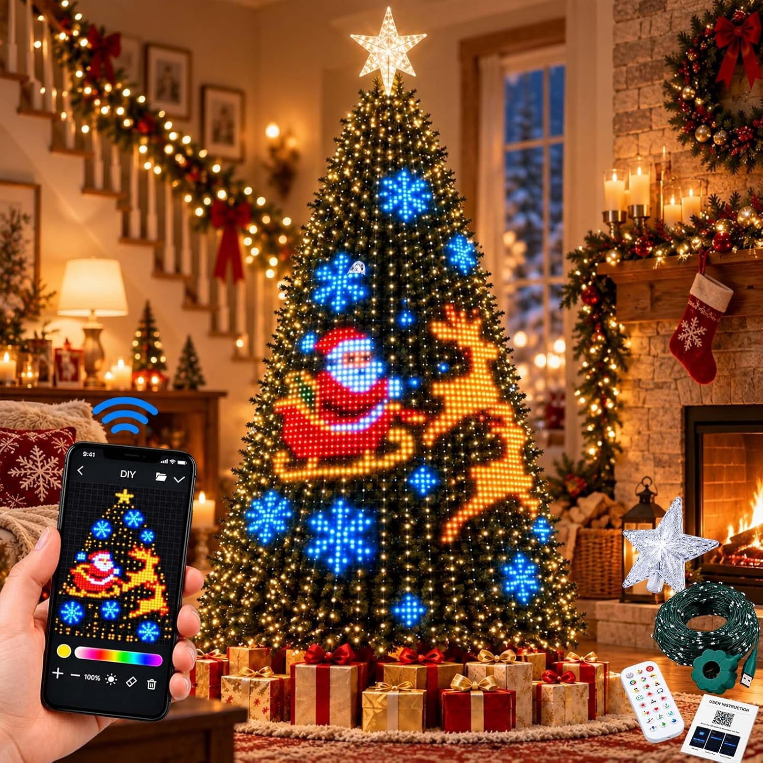 SuperRGB 6FT Smart Animated Christmas Tree Lights 400 LED DIY Pixel ...