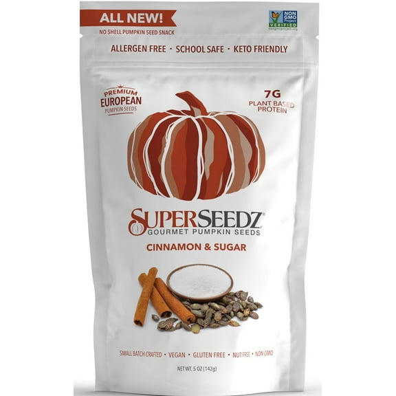 SuperSeedz Dry Roasted Pumpkin GGA1 Seeds - Cinnamon & Sugar Vegan, Whole 30, Paleo, Healthy Snacks, 8g Plant Based Protein, Produced In USA, Dairy Free, Nut Free, Gluten Free Snack (5oz)