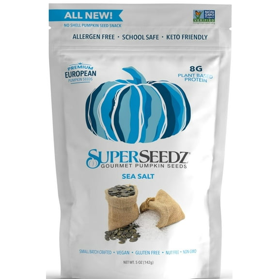 SuperSeedz Dry Roasted Pumpkin GGA1 Seeds with Sea Salt - 8g Protein, Non-GMO Gluten-Free, Keto Snacks - Nut Free & School Friendly Organic Pumpkin Seeds - 5oz Bag Large European No Shell Pepitas