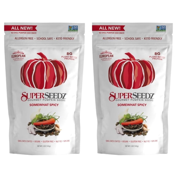 SuperSeedz Dry Roasted Pumpkin GGA1 Seeds - Somewhat Spicy Whole 30, Paleo, Vegan & Keto Snacks, 8g Plant Based Protein, Produced In USA, Dairy Free, Nut Free, Gluten Free Snack (5oz, 6-pack)