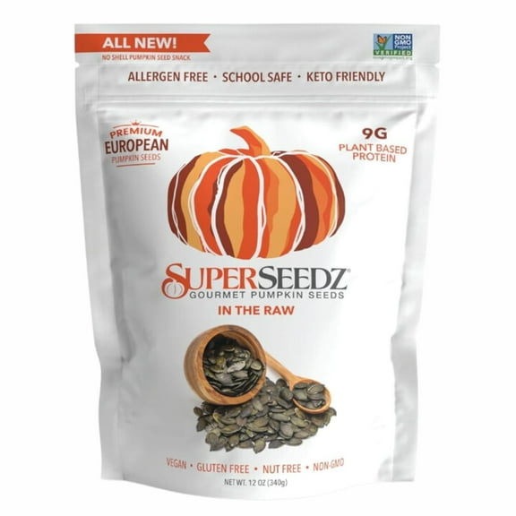 SuperSeedz Raw Styrian Pumpkin GGA1 Seeds - Raw Unsalted No Shell, Whole 30, Paleo, Vegan & Keto Friendly, 9g Plant Based Protein, Produced in USA, Nut Free, Fresh Gluten Free Snack (12oz)