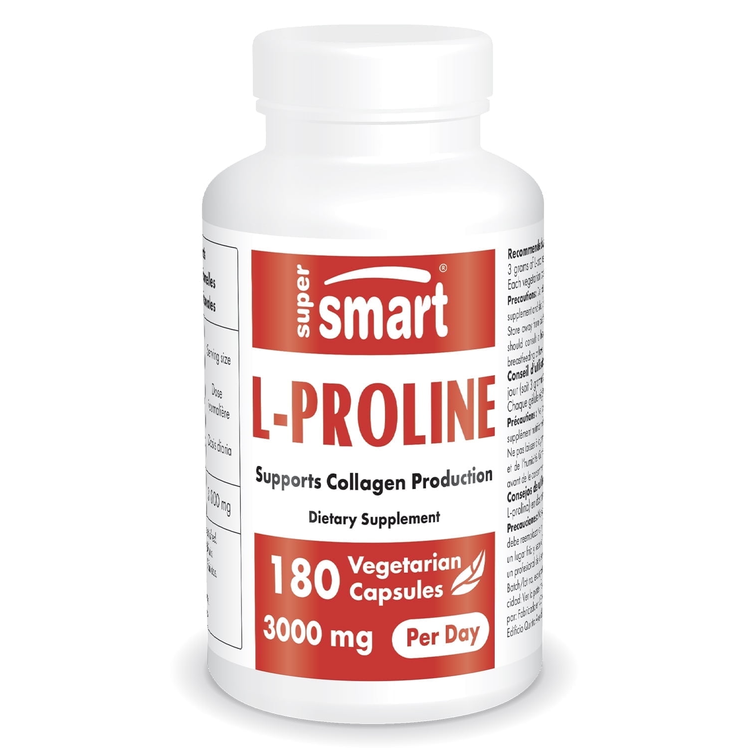 SuperSmart - L-Proline 3000 mg per Day - Amino Acids Supplement - Collagen Production - Skin & Joint Support | Non-GMO & Gluten Free - 180 Vegetarian Capsules