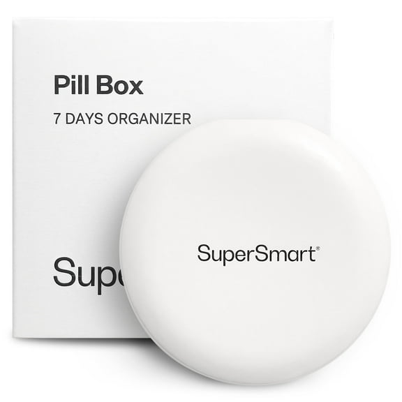 SuperSmart Pill Box Organizer 7 Days with 1 Cuting Blade for Tablets - Travel Size Item - Small Storage for Supplements & Medications - Easy-to-Use with 7 Large Compartments | White