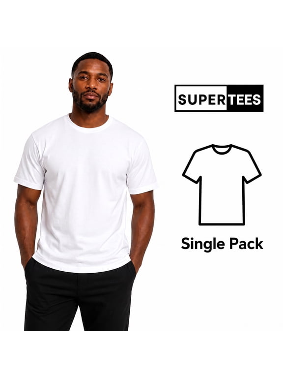 SuperTees Men's Heavyweight Crew Neck T-Shirt, White, Size S, 1-Pack
