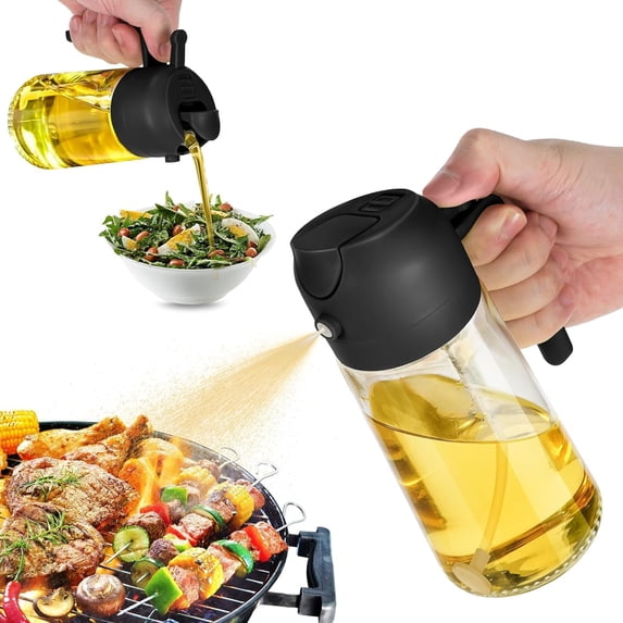 SuperTop 16oz Olive Oil Dispenser Bottle for Kitchen - 2 in 1 Oil Dispenser and Oil Sprayer for Cooking, Air Fryer, Salad, 470ml Olive Oil Sprayer Black
