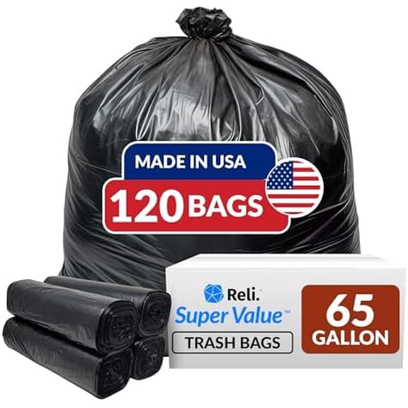 SuperValue 65 Gallon Trash Bags | 120 Count | Made in USA | Heavy Duty | Bulk | Black Multi-Use Garbage Bags