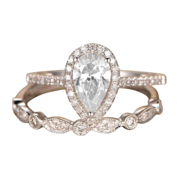 Superb 1.50 Carat Pear cut Moissanite & Diamond Wedding Ring Set in 10k White Gold