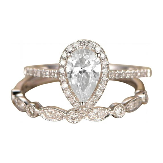 Superb 1.50 Carat Pear cut Moissanite & Moissanite Wedding Ring Set with 18k Gold Plating
