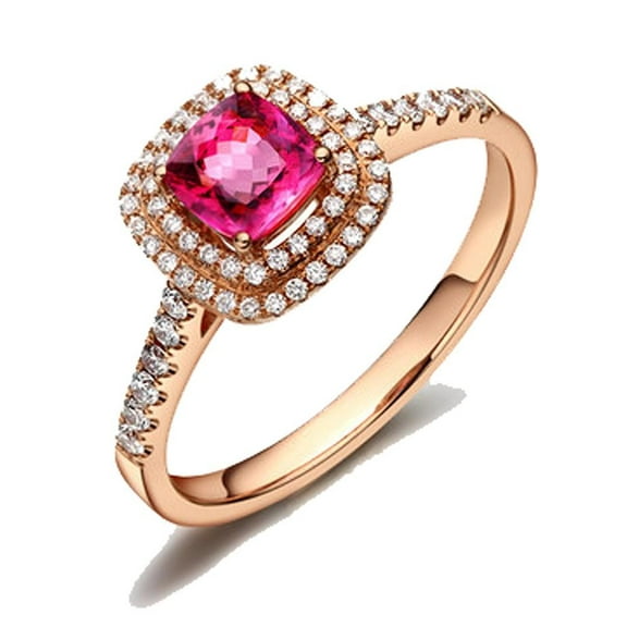 Superb 2.05 Carat 7mm Cushion Cut Red Ruby And Moissanite Diamond Double Halo Engagement Ring in 10k Rose Gold