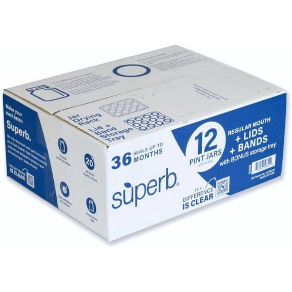 Superb Pint Mason Jars with Regular Mouth Lids & Bands - 12 Pack