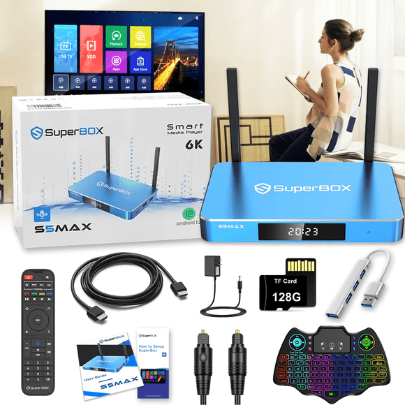 Super Box S5 Max 2025 Fully Loaded, 4GB RAM+64GB ROM, SuperBox S5 Max Smart TV Box with Voice Remote, 2T2R Dual Band WiFi
