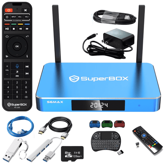 Superbox 2025 New S6 Max with 4+64G Storage, Voice Remote Control, Power Supply, Instruction Manual
