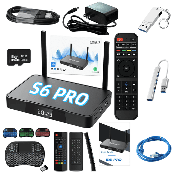Superbox 2025 New S6 PRO Bundle Box Edition with Remote Control Voice Command, Manual, USB Flash Drive, Keyboard, HD Cable
