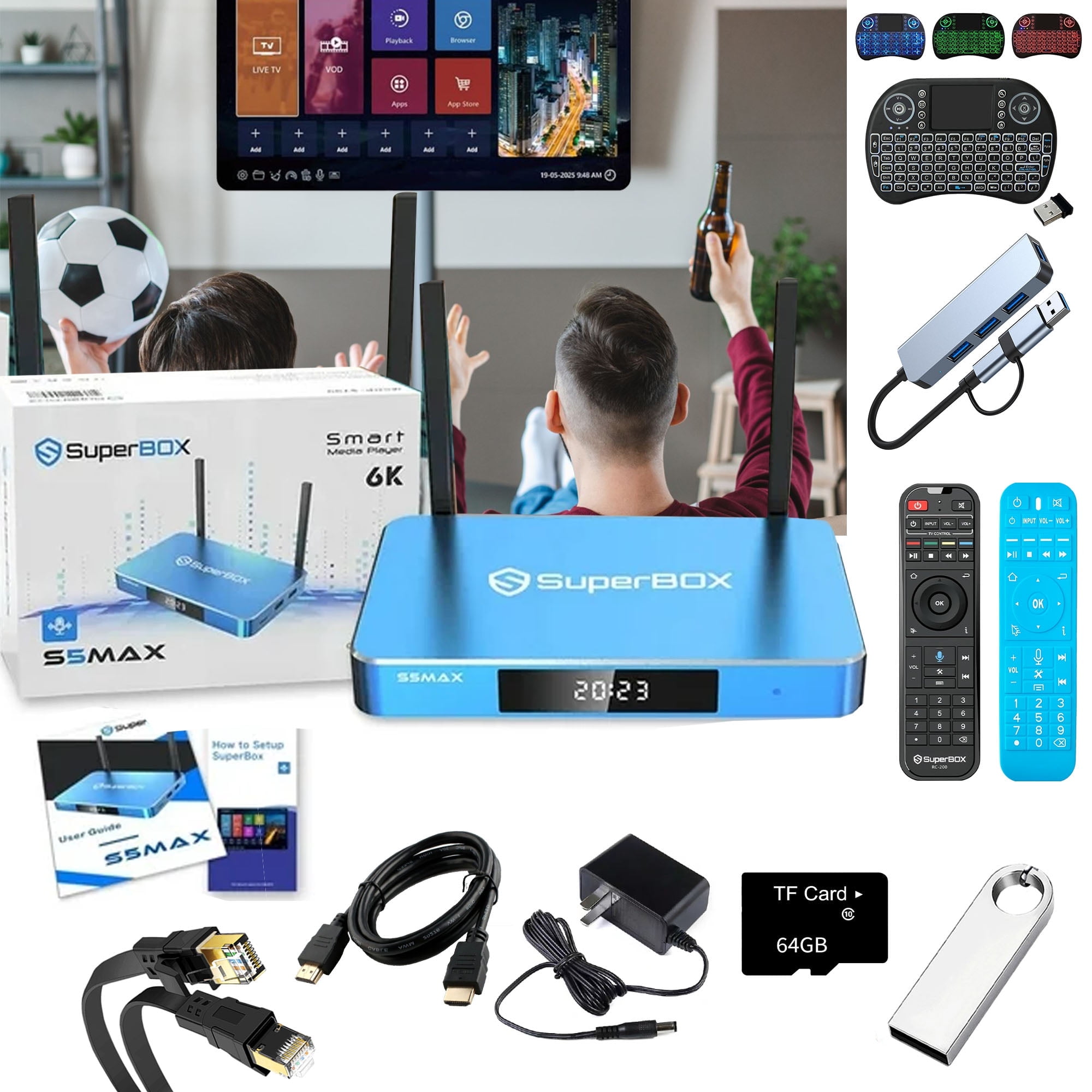 Superbox S5 Max 2025 New with Power Cord 6K Ultra HD Voice Remote, 4GB RAM + 64GB ROM (Super-Fast Easy Detailed Install Instructions)